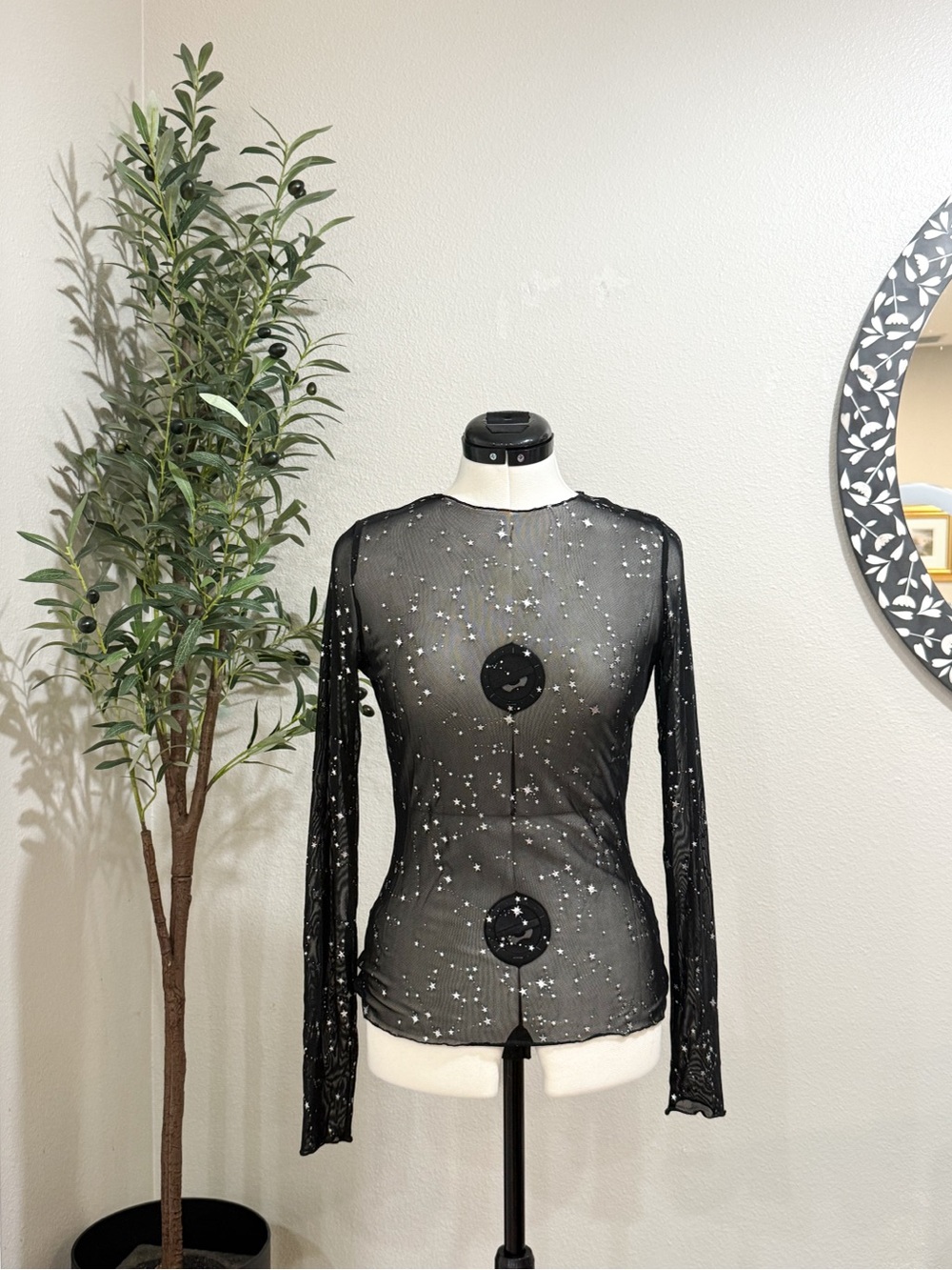 Sheer Black Star-Embellished Long Sleeve Top